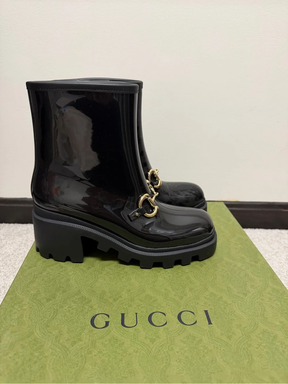 Gucci Black Patent Ankle Boots with Gold Horsebit